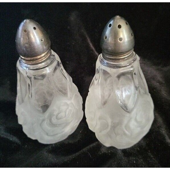 Vintage Clear & Satin Glass Rose Pattern Salt & Pepper W/Sterling Silver Lids - Picture 2 of 3